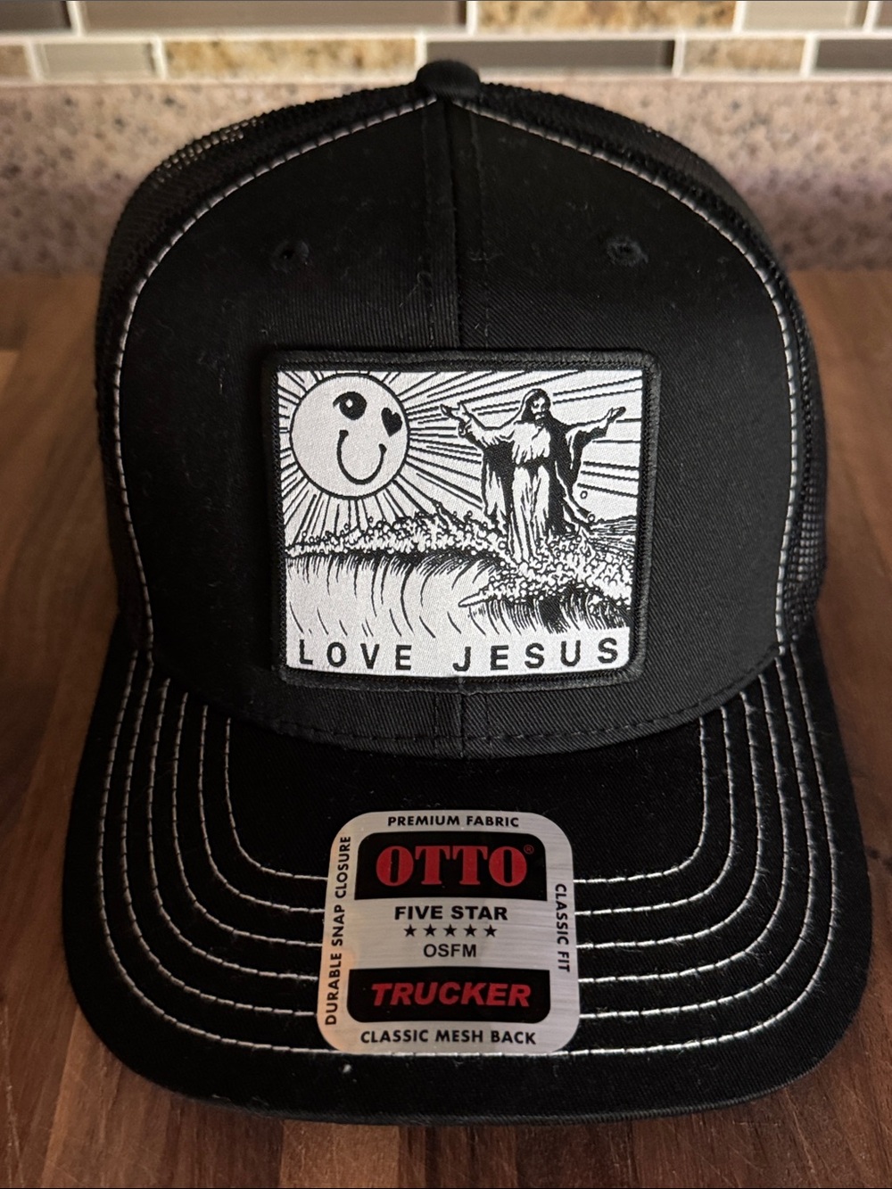 OTTO Black Trucker Hat with Love Jesus Patch